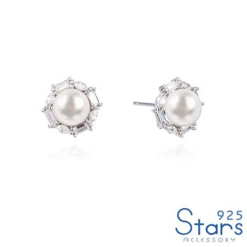 【925 STARS】純銀925冷淡風幾何鋯石拼接珍珠耳釘 造型耳釘 珍珠耳釘