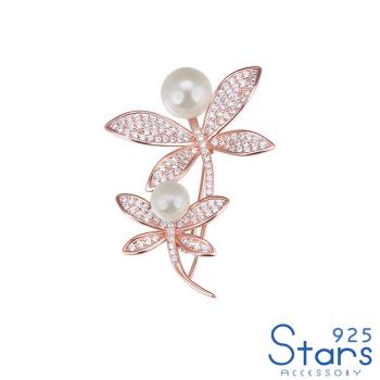【925 STARS】純銀925美鑽鑲嵌雙蜻蜓珍珠造型胸針 造型胸針 美鑽胸針 珍珠胸針