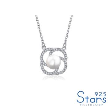 【925 STARS】純銀925華麗美鑽縷空花型淡水珍珠造型項鍊 造型項鍊 美鑽項鍊 珍珠項鍊