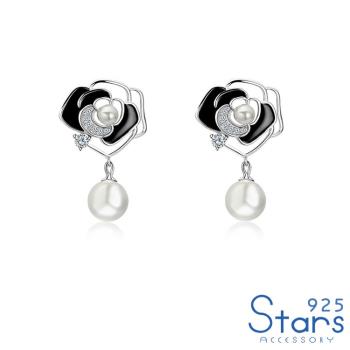 【925 STARS】純銀925優雅縷空黑色山茶花美鑽珍珠造型耳環 造型耳環 美鑽耳環 珍珠耳環