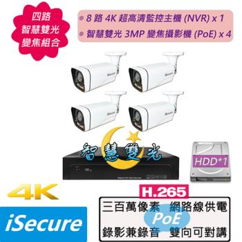 iSecure_四路智慧雙光變焦監視器基本款組合:一部八路4K超高清網路型監控主機 (NVR)+四部智慧雙光3MP五倍變焦子彈型網路攝影機 (PoE)