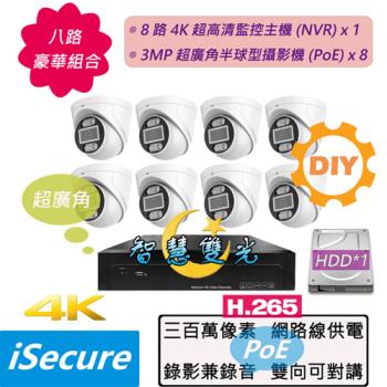 iSecure_八路智慧雙光監視器DIY基本款: 一部八路 4K 超高清網路型監控主機 (NVR)+八部智慧雙光 3MP 半球型網路攝影機 (PoE)