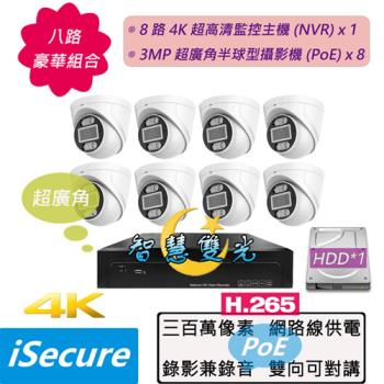 iSecure_八路智慧雙光監視器基本款組合: 一部八路 4K 超高清網路型監控主機 (NVR) +八部智慧雙光 3MP 半球型網路攝影機 (PoE)