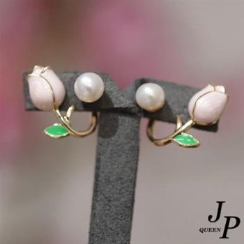 【Jpqueen】綠色鬱金香珍珠設計典雅耳環(白色)