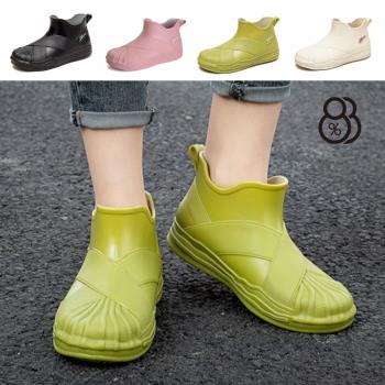 【88%】雨鞋 雨靴 貝殼鞋 交叉織帶設計厚底3.5cm筒高12cm素色防水短筒雨靴