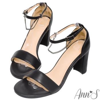 Ann’S升級小羊皮2.0-不踩雷美腿製造機一字帶涼鞋-加寬帶8公分高跟-黑