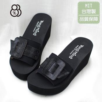 【88%】拖鞋 楔形鞋 MIT台灣製 水鑽扣帶裝飾素色皮質鞋面楔型前3.5cm跟7.5cm涼拖鞋