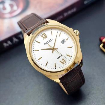 【SEIKO】精工 SUR284P1 羅馬字 日期顯示 皮革錶帶男錶 42mm 金/棕 6N42-00H0J
