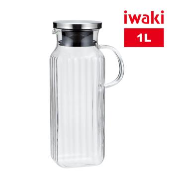 【日本iwaki】不鏽鋼系列玻璃把手方形耐熱玻璃水壺(1000ml)