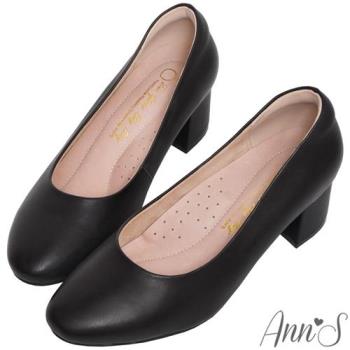 Ann’S每日優雅-真皮圓頭低跟粗跟包鞋5cm-黑