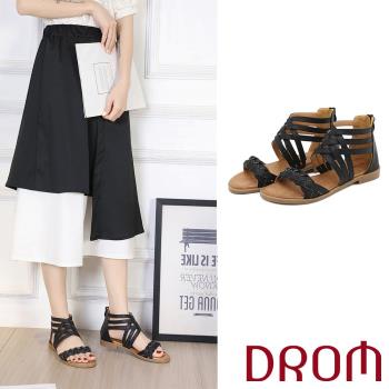 【DROM】涼鞋 低跟涼鞋/百搭復古編織歐美時尚低跟羅馬涼鞋 黑