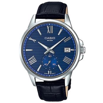 【CASIO 】沉穩俐落條紋皮帶腕錶-藍(MTP-EX100L-2A)