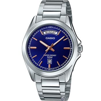 【CASIO 】簡潔有型時尚不鏽鋼腕錶-藍X玫瑰金(MTP-1370D-2A)