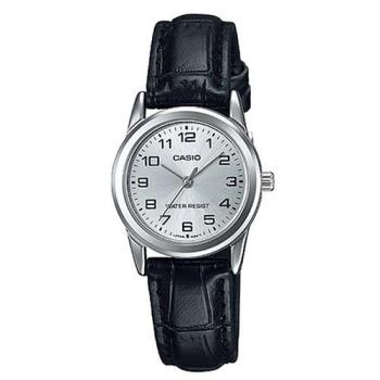 【CASIO】經典時尚指針真皮腕錶-數字銀面(LTP-V001L-7B)
