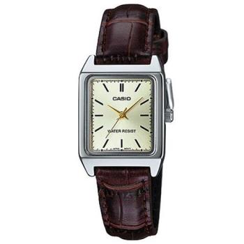 【CASIO】經典時尚方形銀框皮革腕錶-羅馬金面(LTP-V007L-9E)
