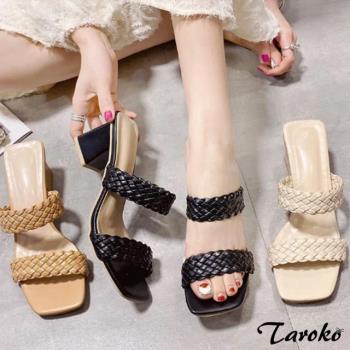 Taroko 波西米亞編織方頭粗高跟大尺碼涼鞋(3色可選)