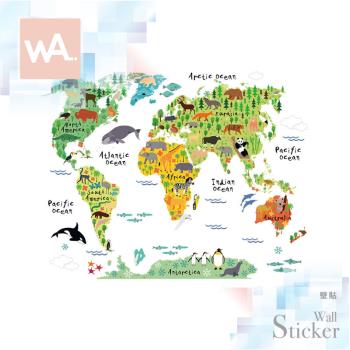 【WA Wall Art】無痕設計時尚壁貼 卡通 動物 世界地圖 英文 不傷牆 自黏防水貼紙 037