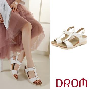 【DROM】涼鞋 坡跟涼鞋/極簡時尚歐美編織拼接工字造型坡跟涼鞋 白