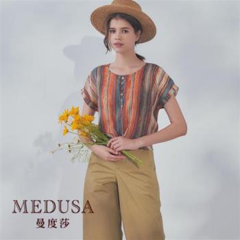 現貨【MEDUSA 曼度莎】直紋交叉下襬亞麻上衣（M-XL）｜女上衣 女短袖上衣 亞麻