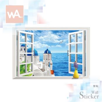 【WA Wall Art】無痕設計時尚壁貼 窗景 3D窗戶 窗框 希臘風情 聖托里尼 自黏防水貼紙 9234C