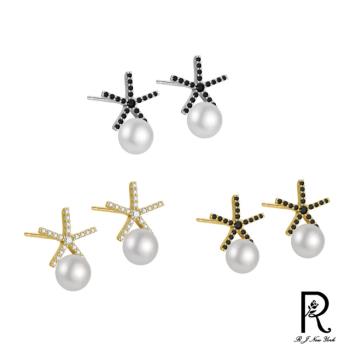 RJ New York 創意5邊形海星貝珠鋯石針式耳環(4色可選)