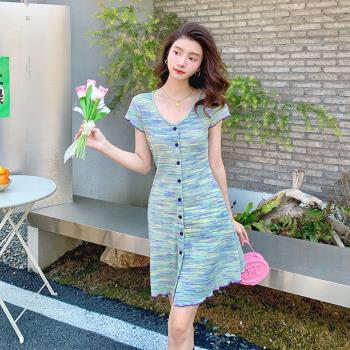 Dorri-玩美衣櫃短袖針織洋裝排釦彩條紋針織連身裙S-XL