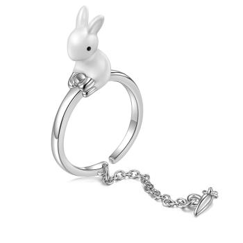  Jpqueen 月夜白兔滴膠鍊條開口彈性戒指(銀色)