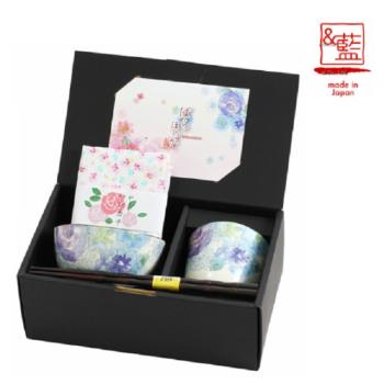 日本【和藍陶瓷器】美濃燒 玫瑰園飯碗茶杯筷子組-藍(附手帕)