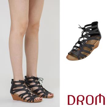 【DROM】涼鞋 坡跟涼鞋/時尚歐美縷空線條綁帶魚口露趾坡跟涼鞋 黑