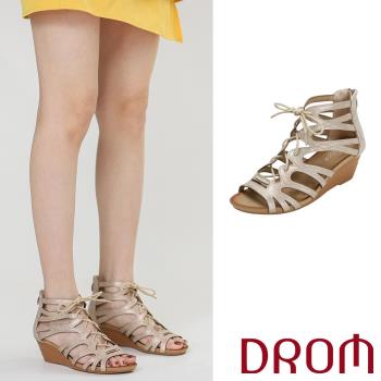 【DROM】涼鞋 坡跟涼鞋/時尚歐美縷空線條綁帶魚口露趾坡跟涼鞋 杏
