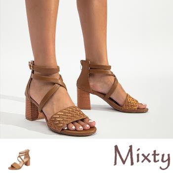 【MIXTY】涼鞋 高跟涼鞋/復古歐美編織一字縷空交叉繫帶高跟涼鞋 棕