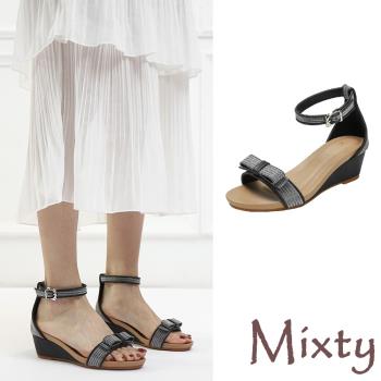 【MIXTY】涼鞋 坡跟涼鞋/氣質復古亮絲布蝴蝶結繫帶坡跟涼鞋 黑