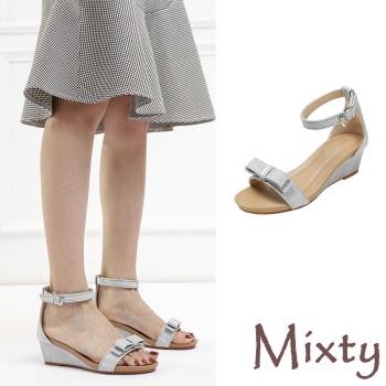 【MIXTY】涼鞋 坡跟涼鞋/氣質復古亮絲布蝴蝶結繫帶坡跟涼鞋 銀