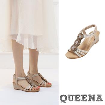 【QUEENA】涼鞋 坡跟涼鞋/波西米亞民族風縷空線條華麗寶石串珠坡跟涼鞋 銀