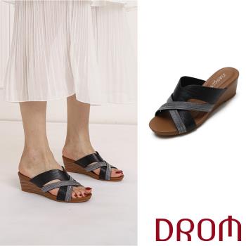 【DROM】拖鞋 坡跟拖鞋/歐美時尚撞色幾何交叉坡跟拖鞋 黑