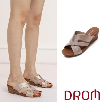【DROM】拖鞋 坡跟拖鞋/歐美時尚撞色幾何交叉坡跟拖鞋 金