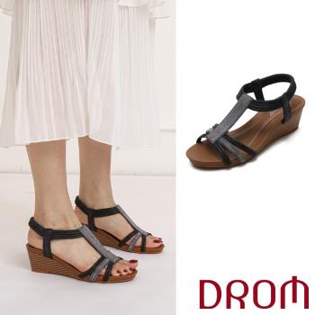 【DROM】涼鞋 坡跟涼鞋/歐美時尚縷空線繩T字造型坡跟涼鞋 黑