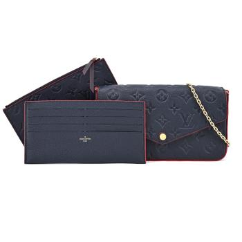 Louis Vuitton Pochette Felicie系列經典LOGO牛皮壓紋鏈帶斜背包(附卡夾/海軍藍)
