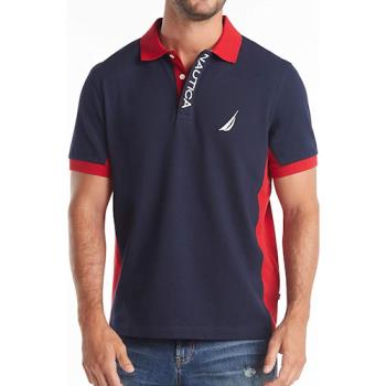 NAUTICA 2023男時尚棉質彈性針織寶藍紅色塊短袖Polo衫