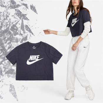 Nike 短袖 NSW Essential 女款 短版 藍 白 大LOGO 寬鬆 純棉 短T 經典款 BV6176-015