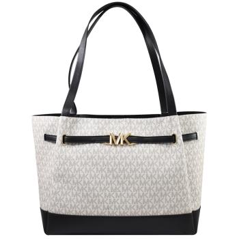 MICHAEL KORS Reed 金屬LOGO印花皮革肩背托特包.白黑