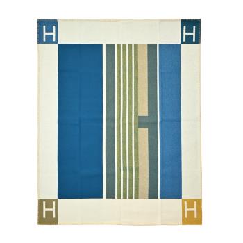 Hermes 愛馬仕 Avalon Vibration緹花織羊毛與喀什米爾混紡薄毯(海洋藍)