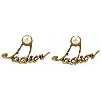 Christian Dior TRIBALES 手寫LOGO造型珠飾耳環.復古金