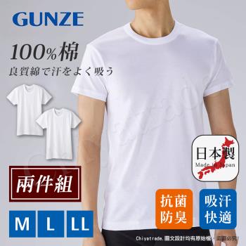 【日本郡是Gunze】日本製 兩件組 抗菌防臭加工 100%純棉 男士 圓領 短袖內衣 衛生衣(舒適親膚)M/L/LL