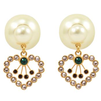 Christian Dior TRIBALES 彩鑽心型LOGO珠飾針式耳環.金