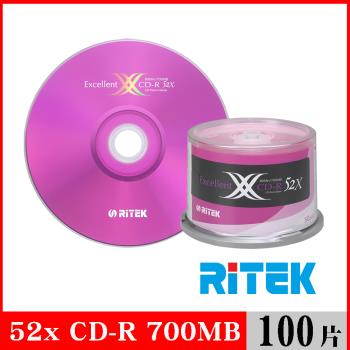 RITEK錸德 52X CD-R白金片 X版/100片布丁桶裝