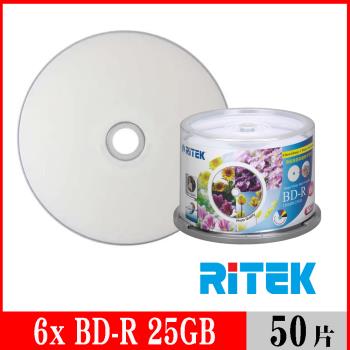 RITEK錸德 6x BD-R 25GB 藍光片 頂級鏡面相片防水可列印式/50片布丁桶裝