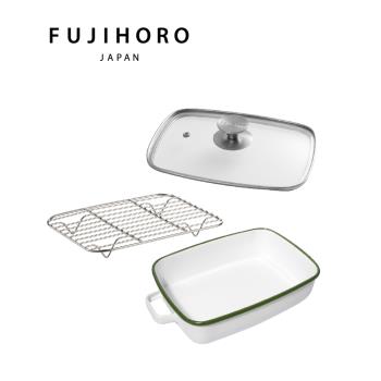 【富士琺瑯FUJIHORO】雙耳琺瑯烘焙保鮮盒淺型1.6L-白(橄欖綠)+玻璃蓋+不鏽鋼網架