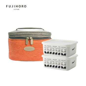 【富士琺瑯FUJIHORO】MOZ 琺瑯烘焙保鮮盒深型2入-L+卡蘿巧提保溫保冷包M-灰橘