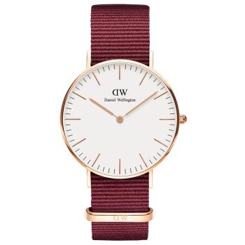 DW Daniel Wellington 時尚蘿絲琳寶石紅NATO錶帶石英腕錶-金框/36mm(DW00100271)